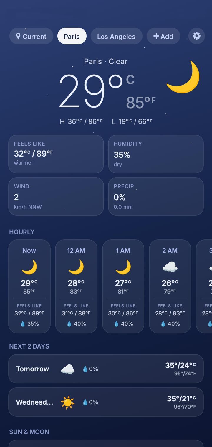 Weather DualDeg night theme for Paris, showing 29°C and 85°F with city tabs across the top