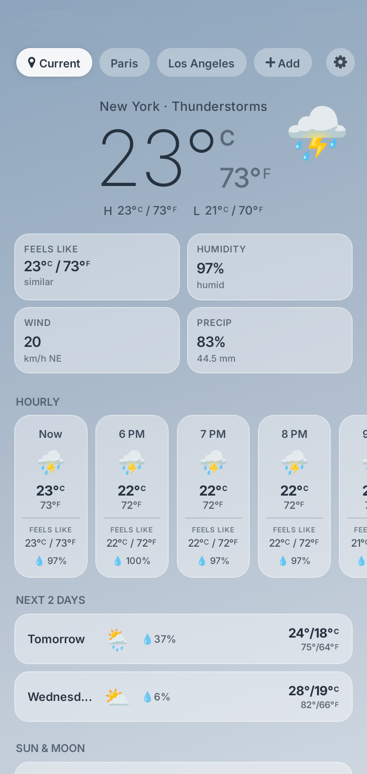 Weather DualDeg overcast storm theme for New York during thunderstorms, showing 23°C and 73°F